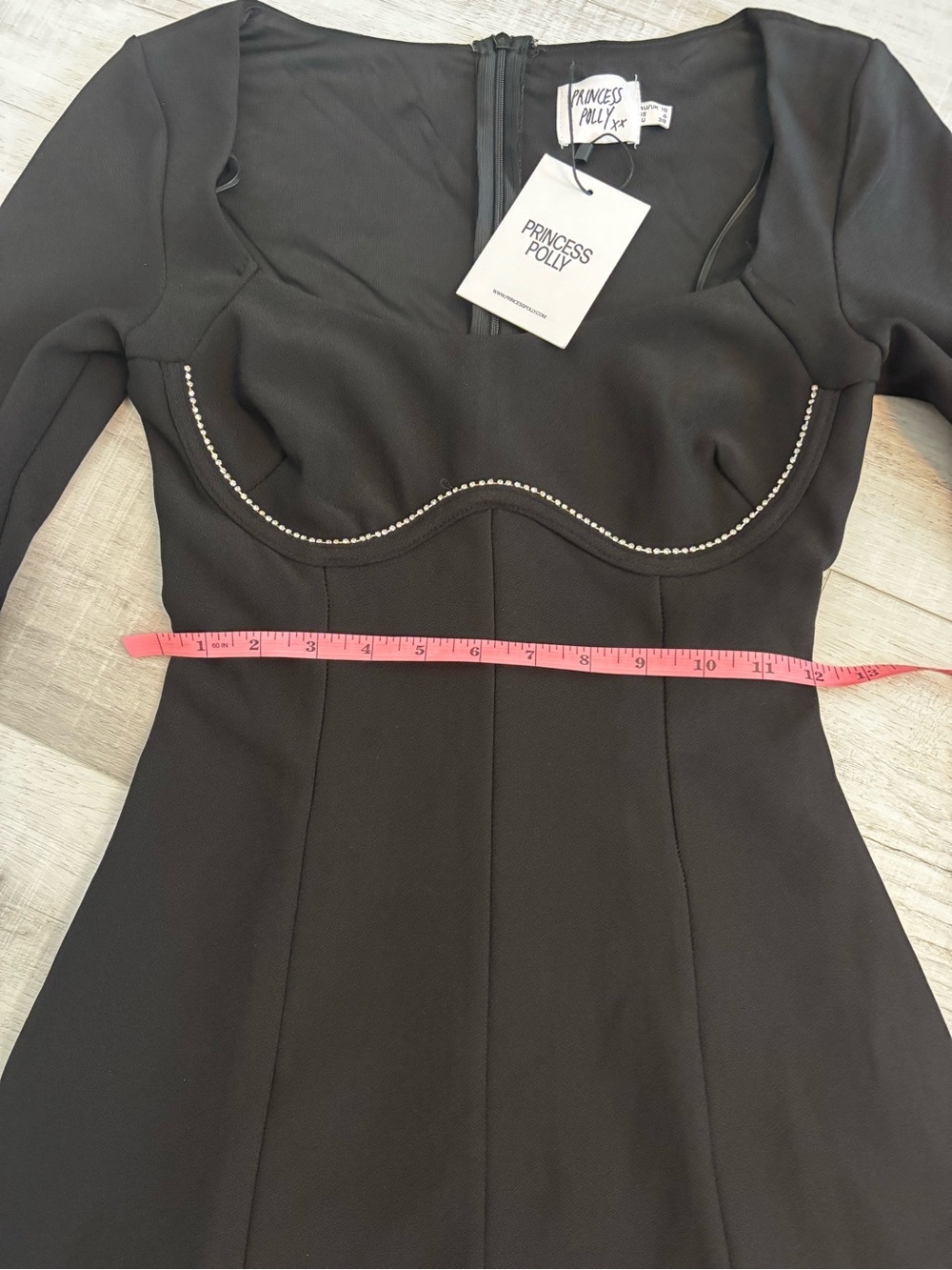 Princess Polly Black Rhinestone Trim Long Sleeve Mini Dress Size 6 - Picture 9 of 11